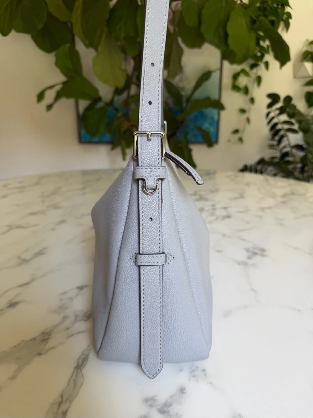 Tory Burch Thea Zip Top Leather Shoulder Bag Misty Cloud Gray